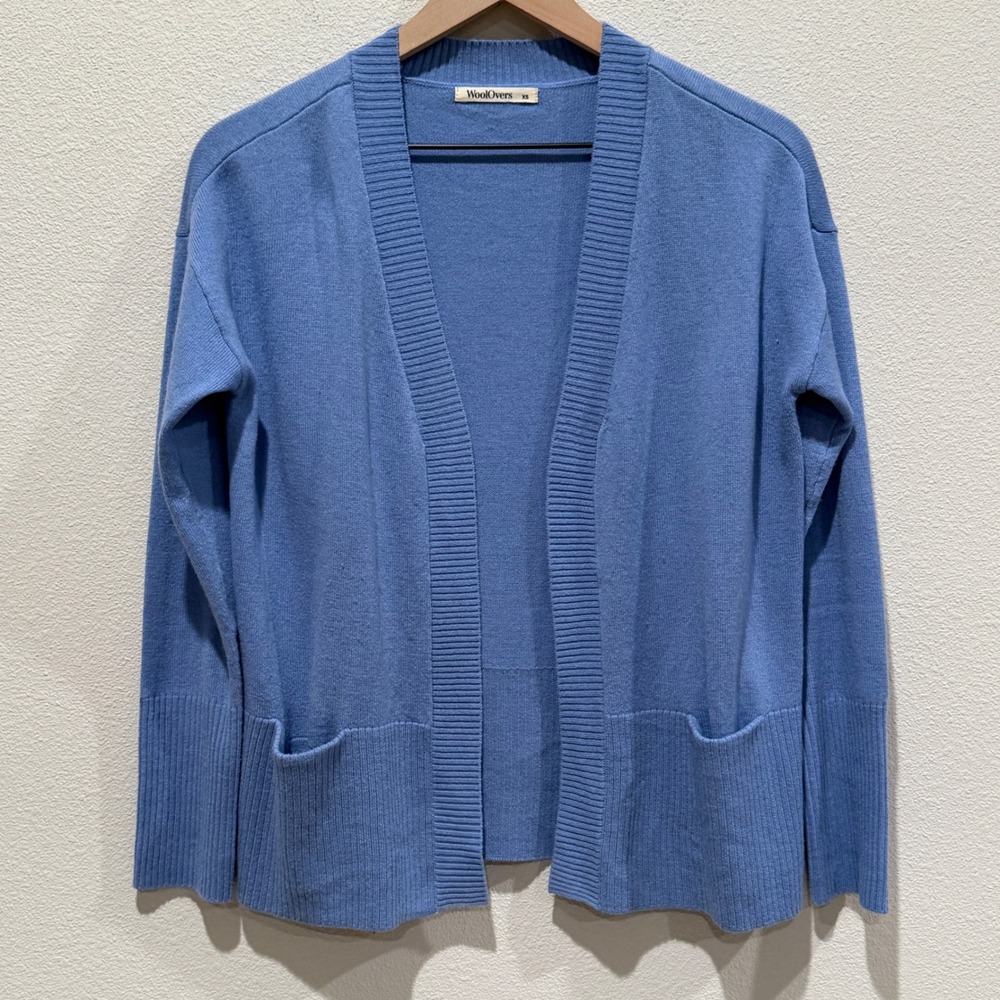 WOOLOVERS Women Cardigan XS Blue Merino Wool Cashmere Open Front Ribbed Classic